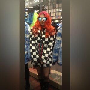 Current Mood Monochrome Checkered Teddy Jacket NWOT